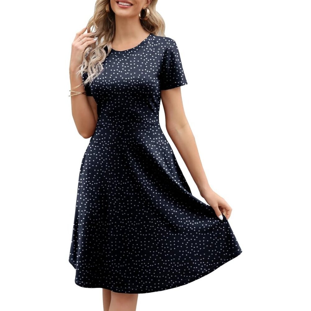 Women's Navy Dot Elegant Knee Length Vintage A-Line Swing Dress with Pockets - Picture 1 of 6
